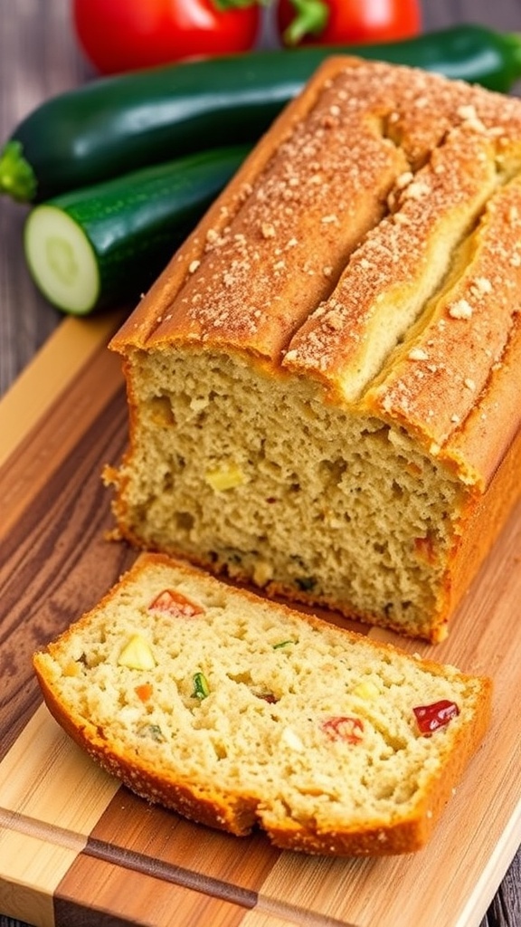 Sliced zucchini snickerdoodle bread on a wooden board, showcasing its moist texture with zucchini and tomatoes.